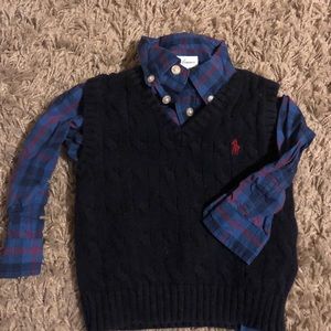 Baby boy navy blue sweater vest and a button down